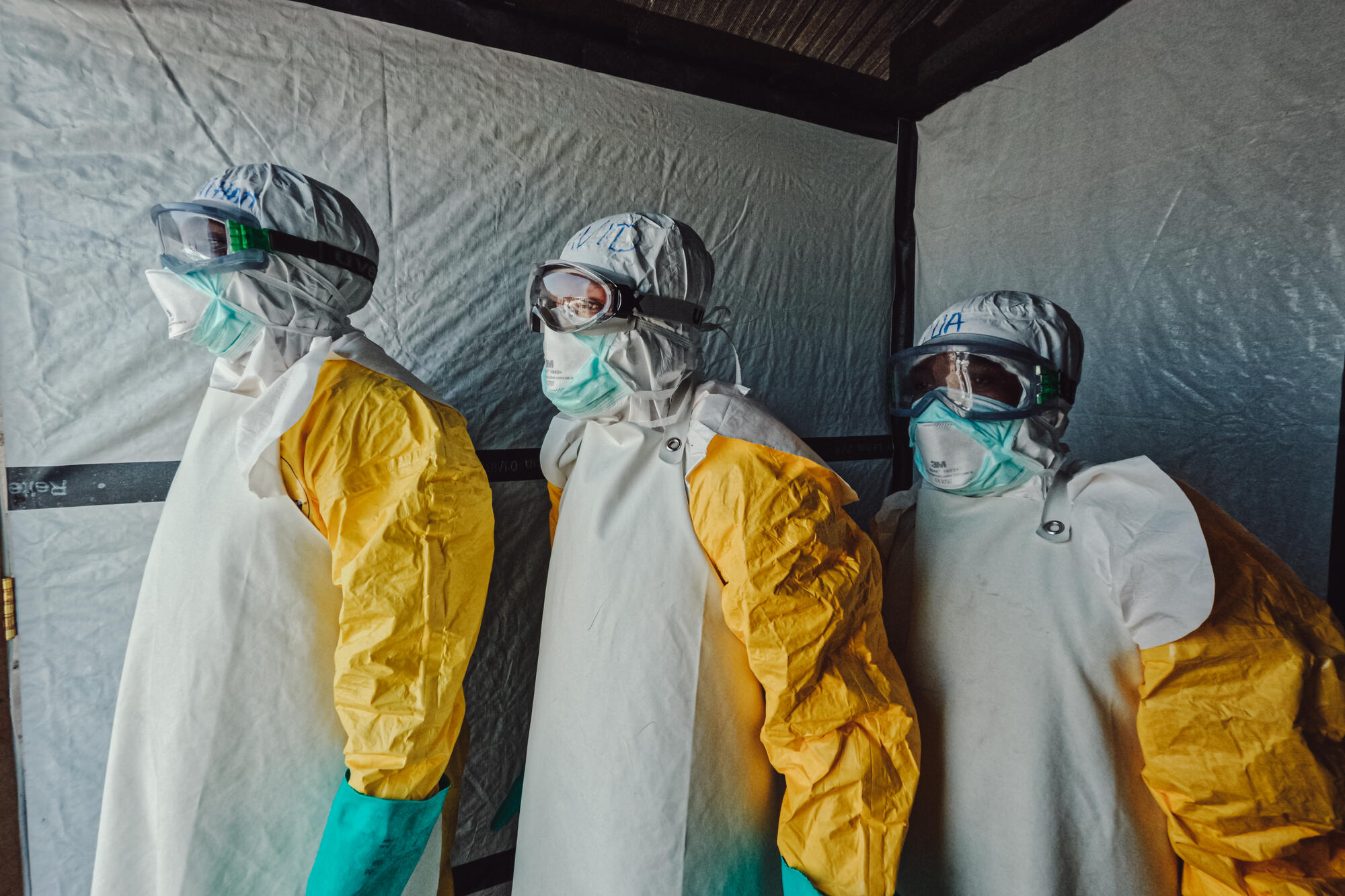 Medical responders in protective equipment during an Ebola response